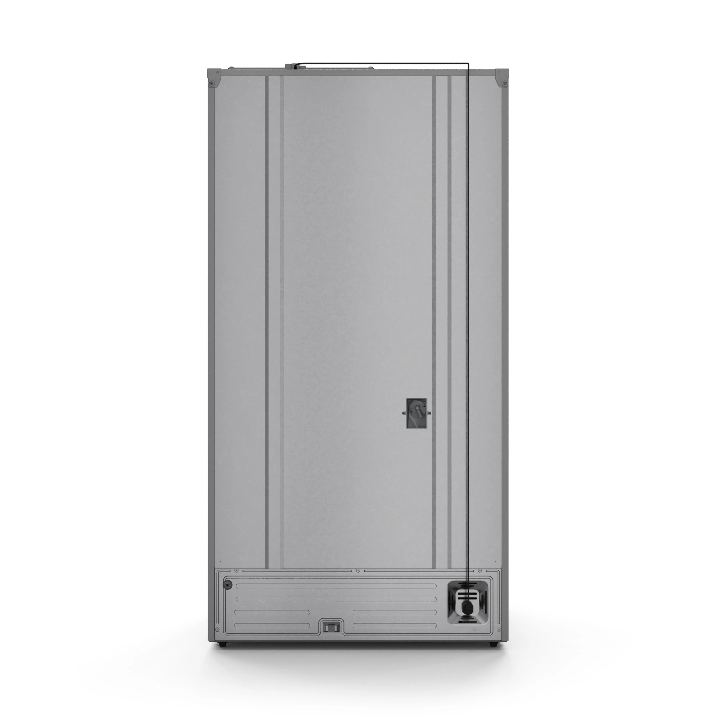 Stainless steel counter-depth refrigerator with vertical handle and lower storage drawer