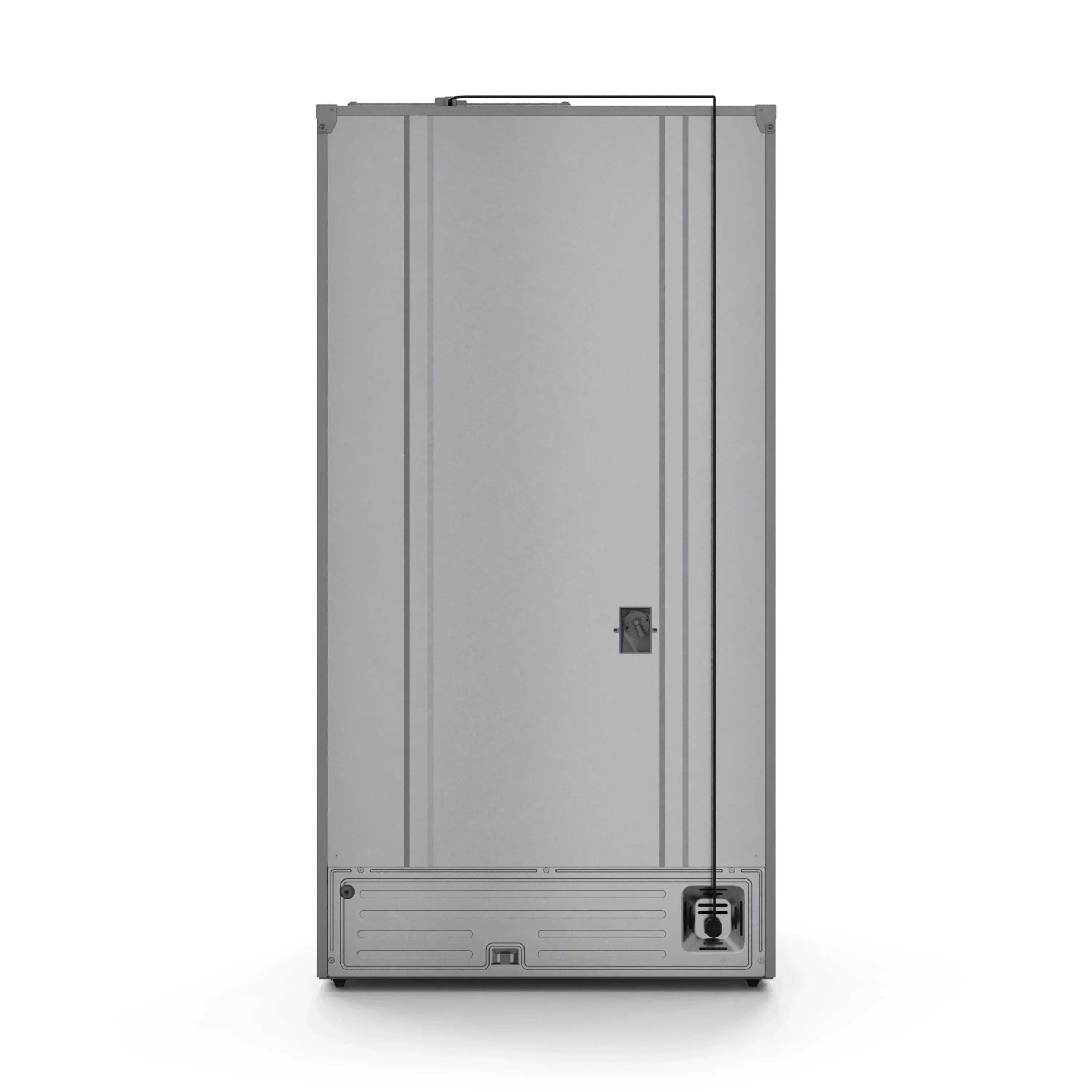 Stainless steel French door refrigerator with side-by-side doors and black handle trim