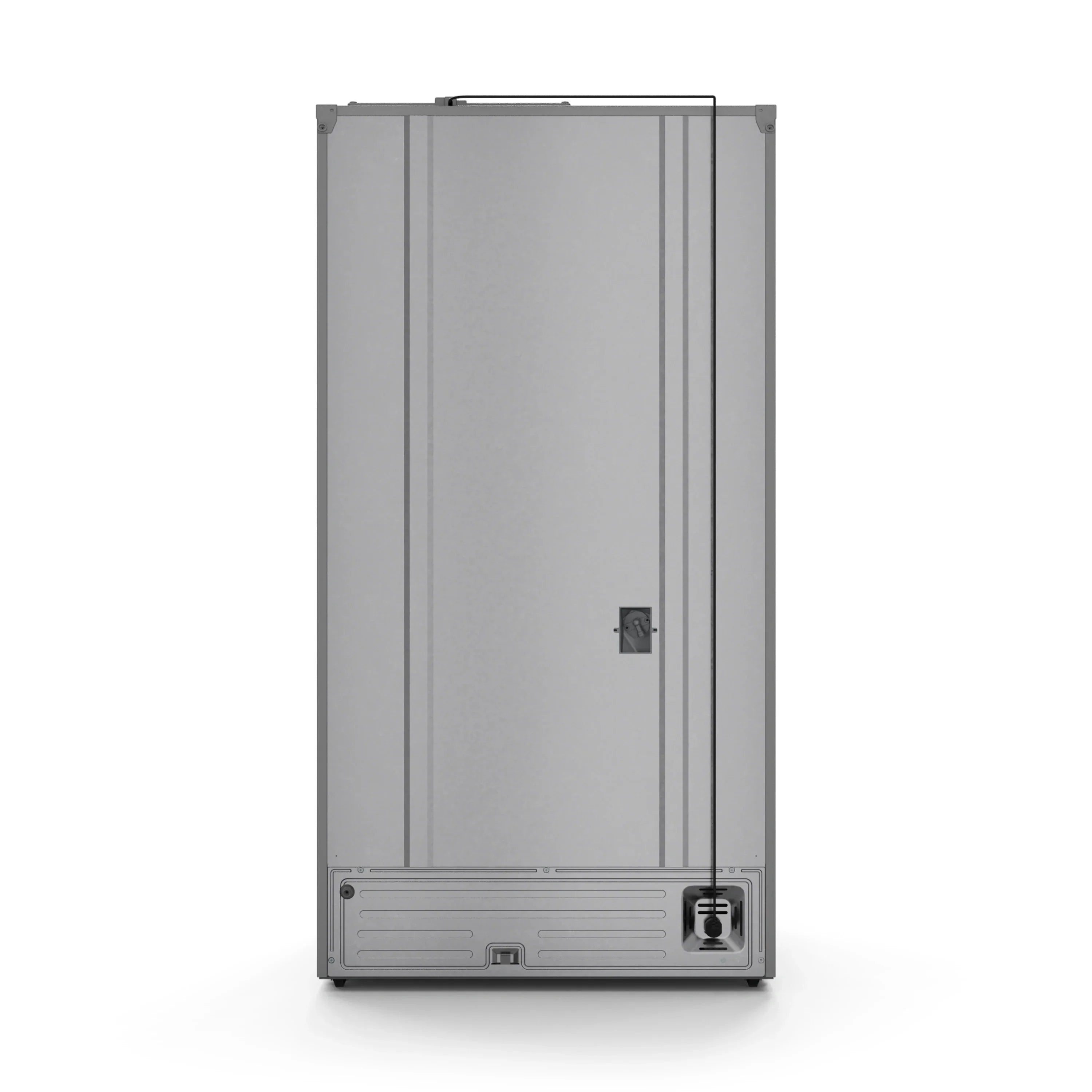 Stainless steel refrigerator door panel with slim handle and bottom vent grille