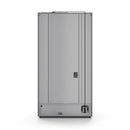 Stainless steel counter-depth refrigerator with vertical handle and lower storage drawer