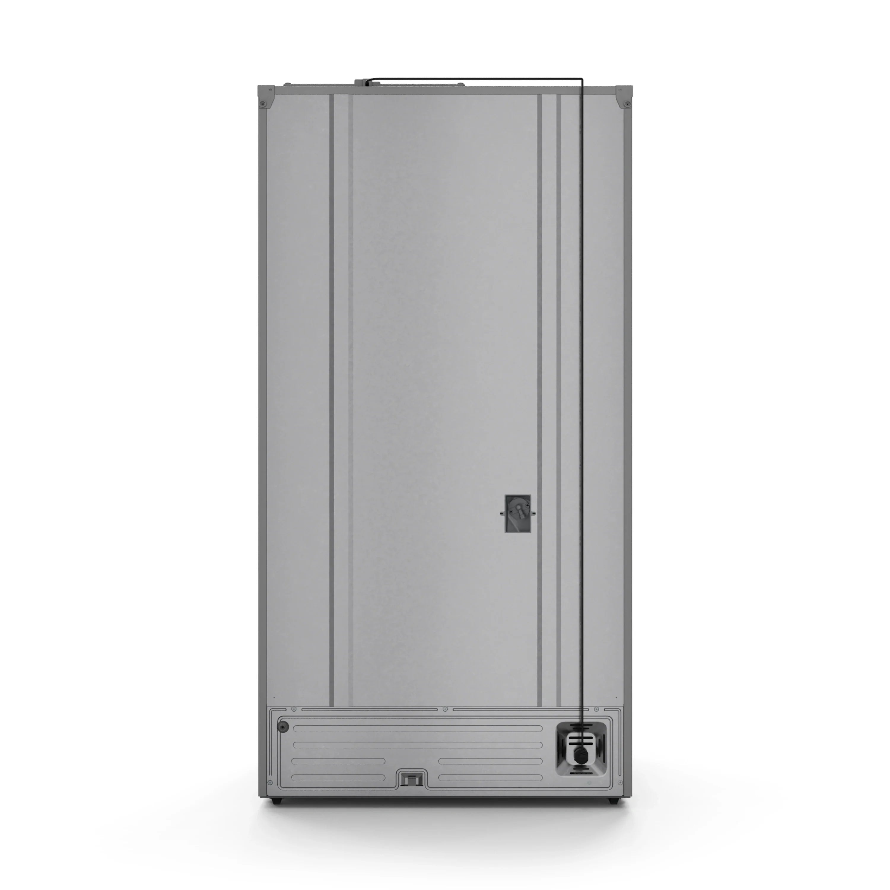 Stainless steel refrigerator with closed double doors and bottom grille