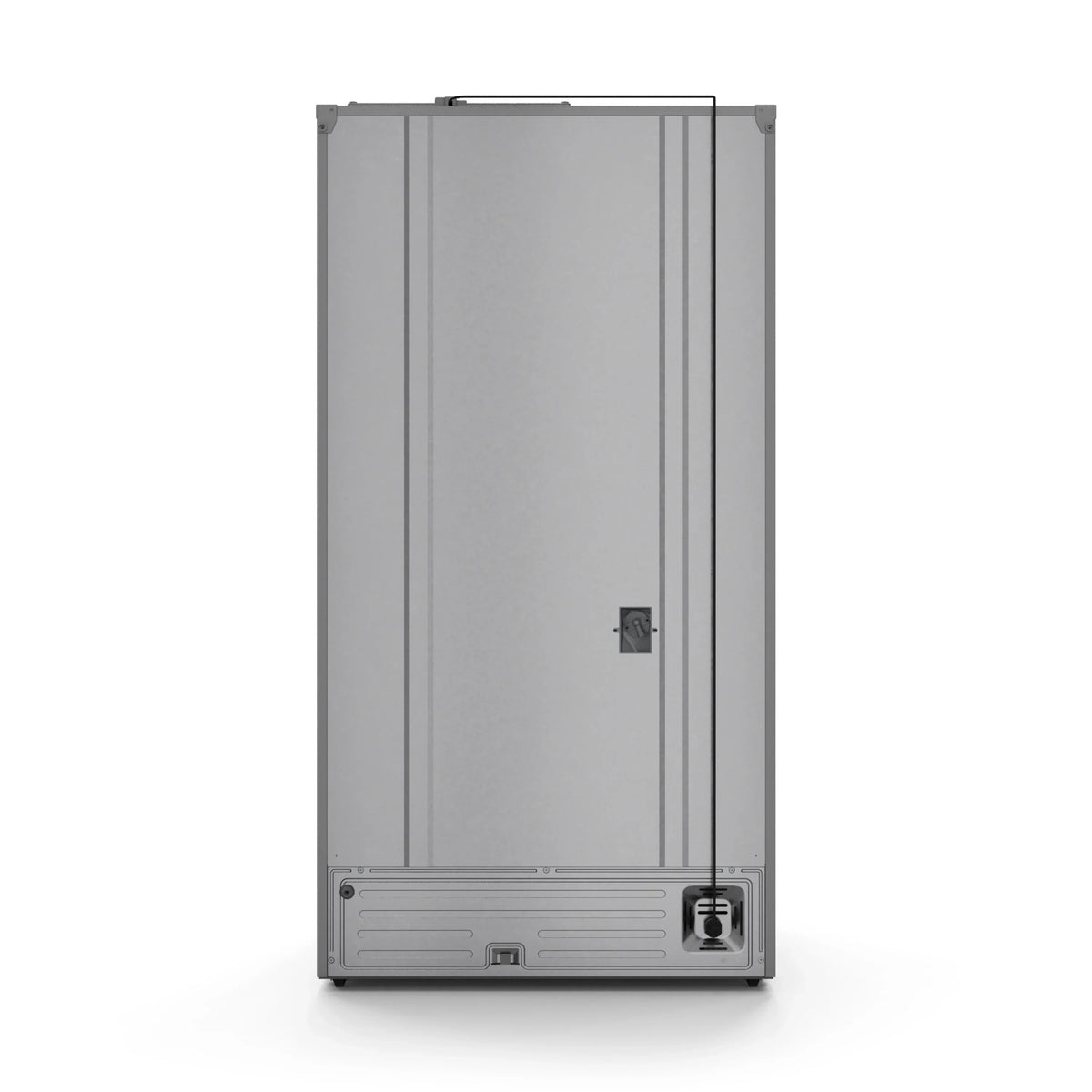 Stainless steel refrigerator door with recessed handle and dark bottom trim