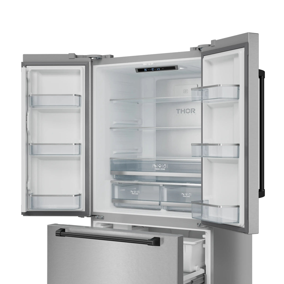 Counter-depth refrigerator door open, showing interior shelves and fresh-zone area