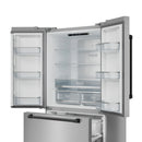 Stainless French door counter-depth refrigerator open with glass shelves and door bins