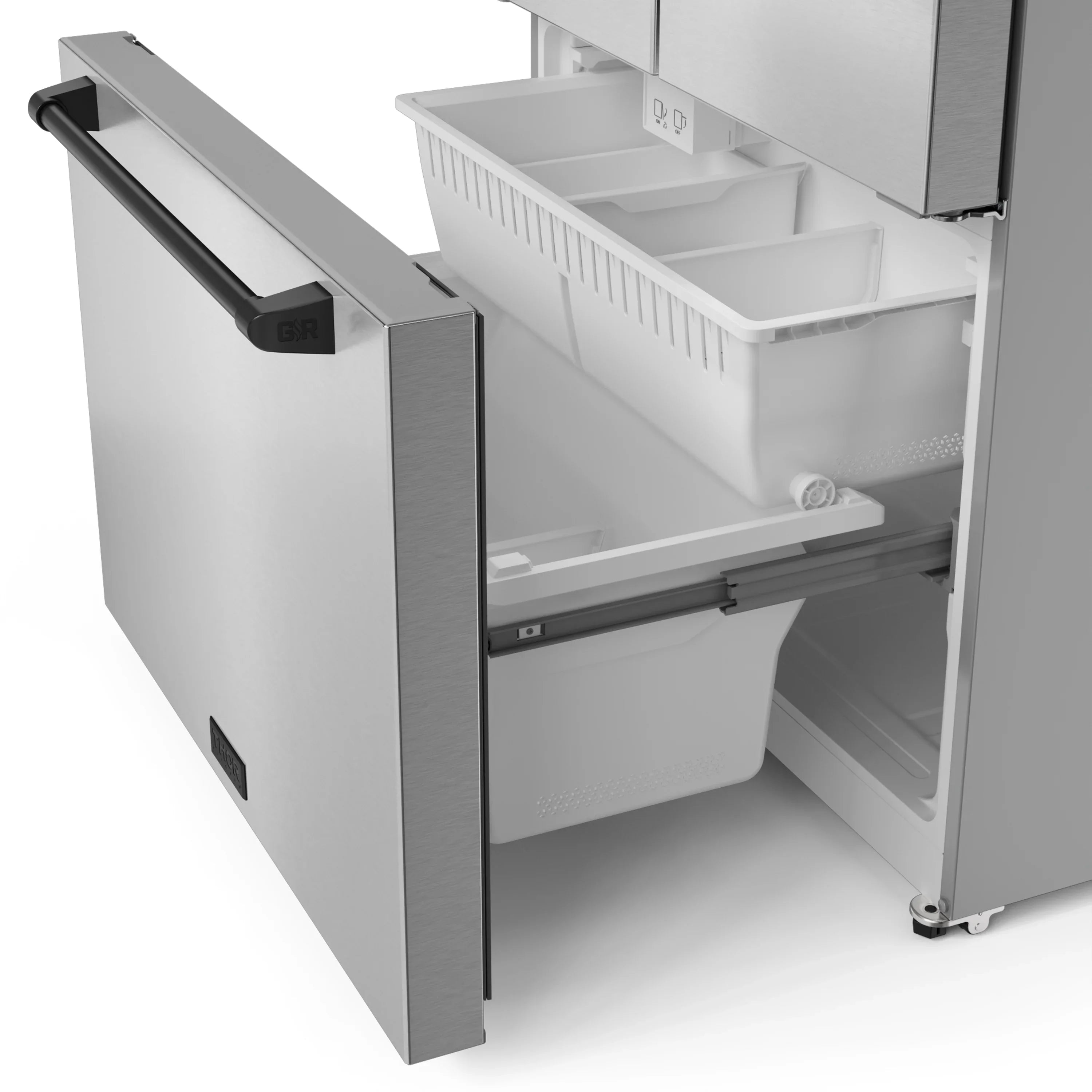 Stainless steel refrigerator crisper drawer open with white bin and divider