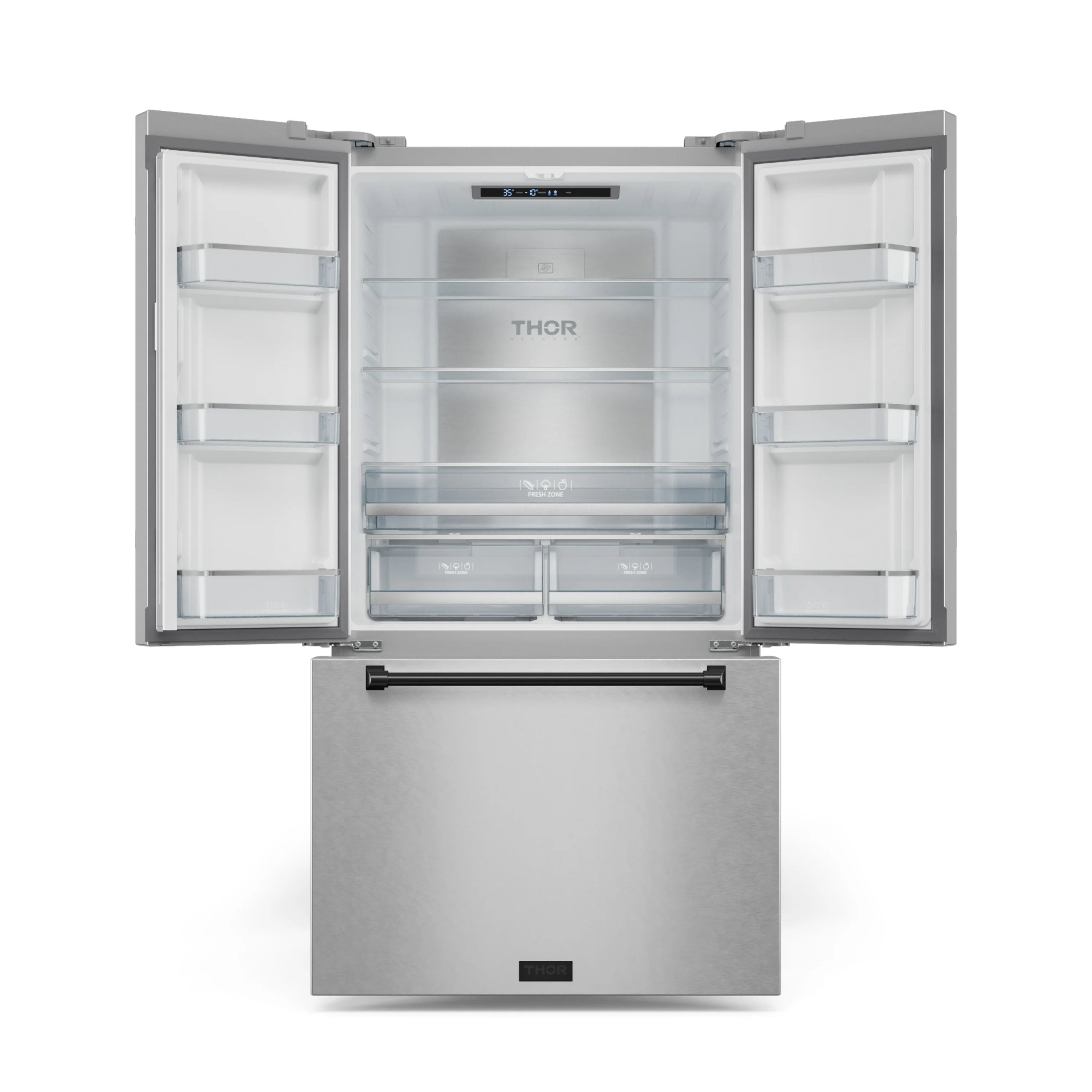 Counter-depth French door refrigerator open showing interior shelves and storage bins