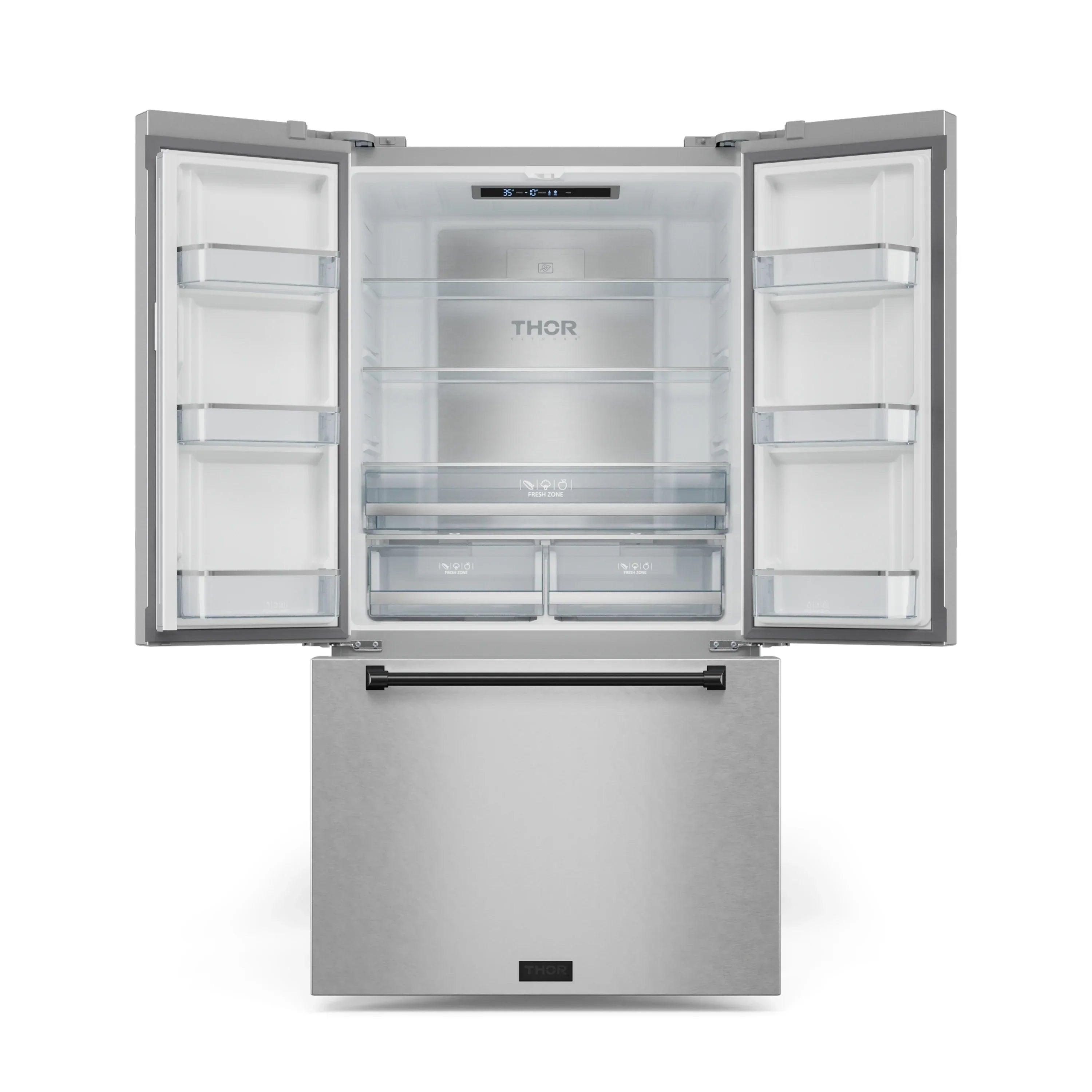 Stainless steel French door refrigerator with both doors open and clear interior shelves