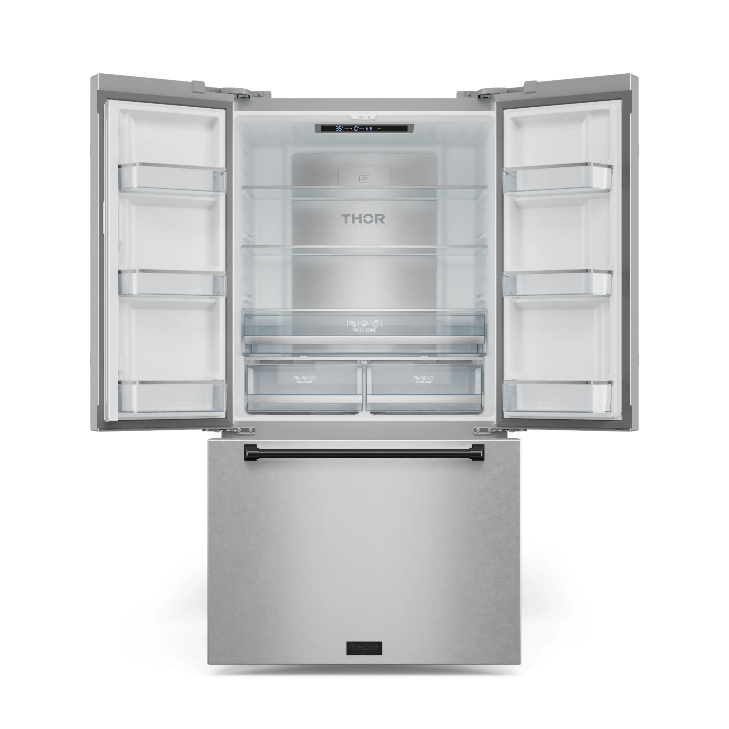 Stainless steel refrigerator with open doors showing shelves and clear Fresh Zone bin