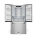Counter-depth French door refrigerator open showing interior shelves and storage bins