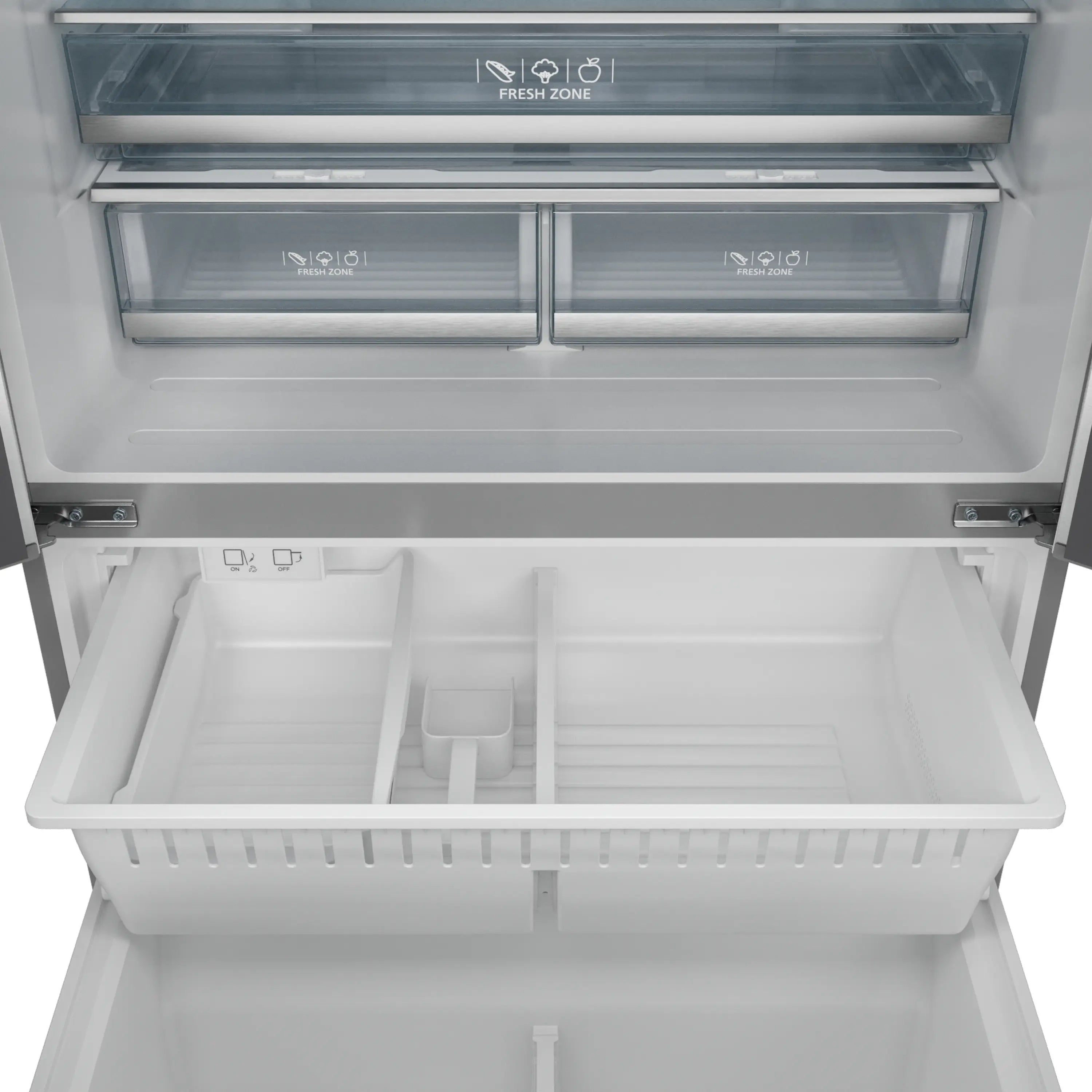 Stainless steel refrigerator freezer drawer open with shelves and storage bins