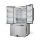 Stainless counter-depth French door refrigerator with open doors and glass shelves