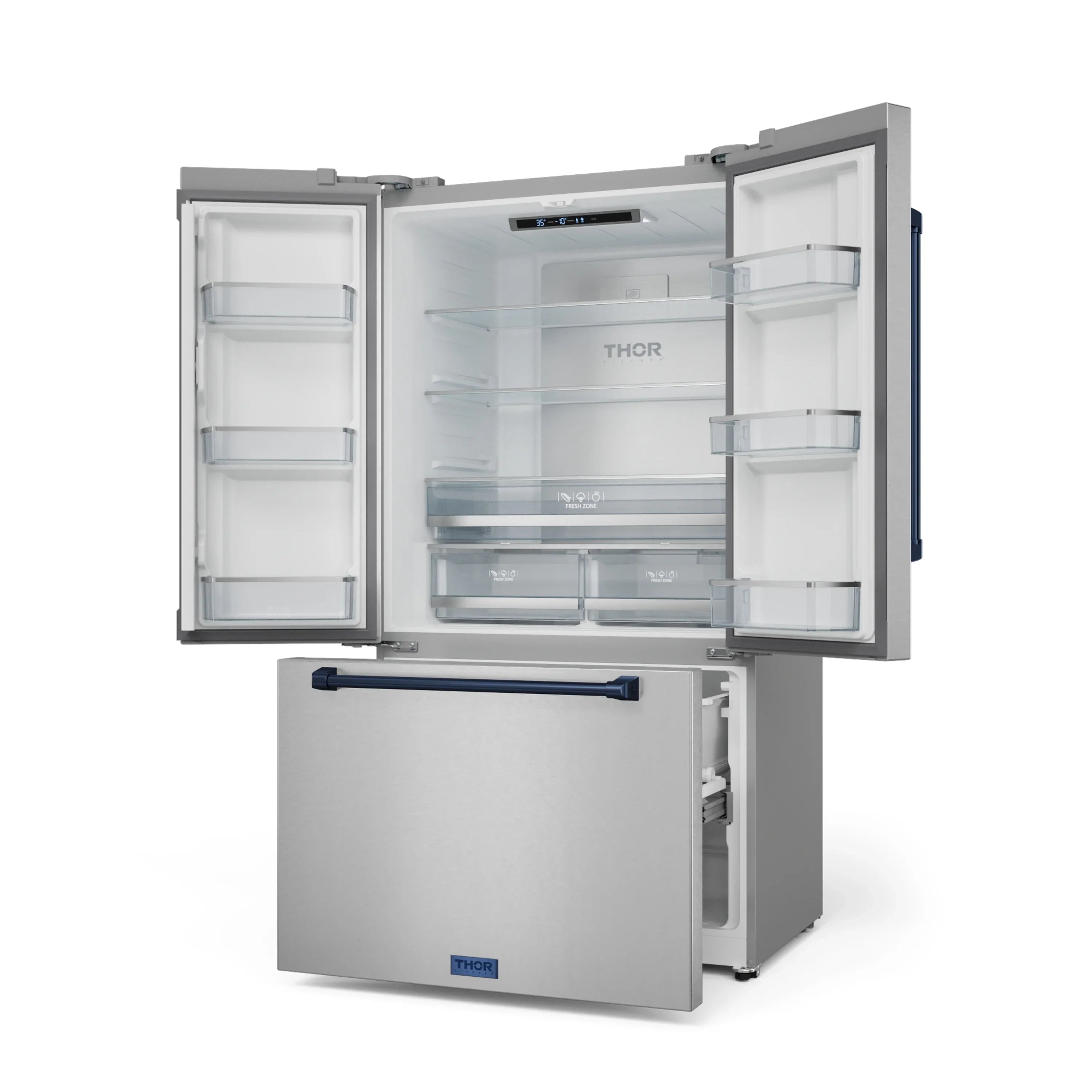 Stainless steel refrigerator with side compartments open and interior shelves visible