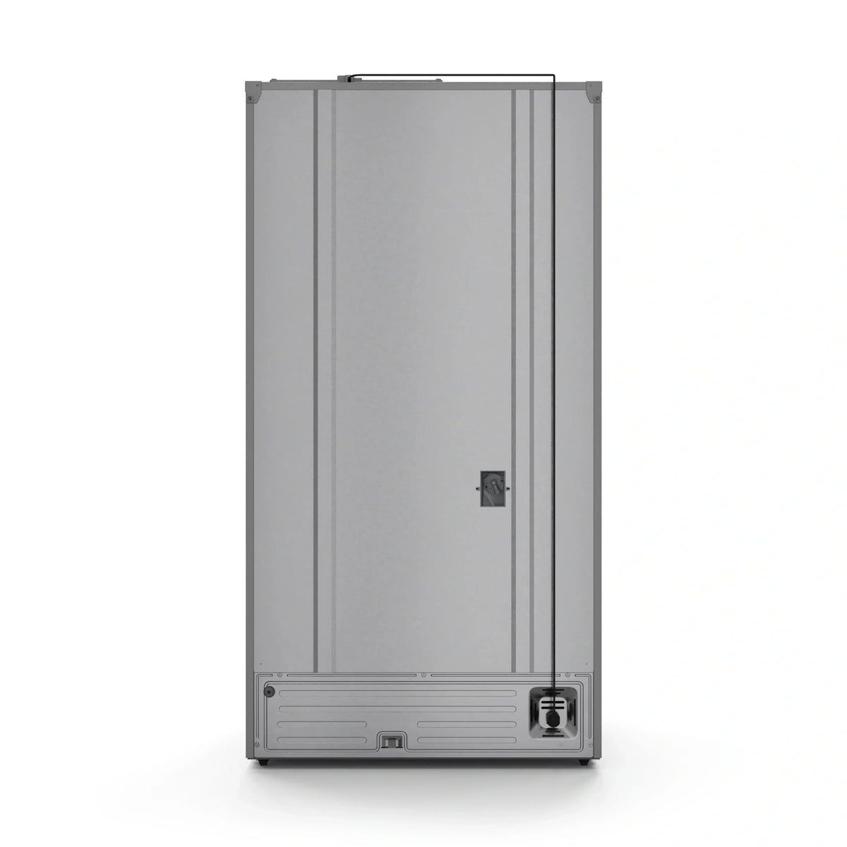 Stainless steel refrigerator door with vertical handles and control panel
