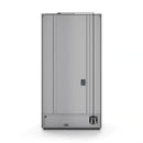 Stainless French door refrigerator with right-side dispenser and navy accent trim