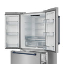 Open stainless French door refrigerator with interior shelves and bins visible