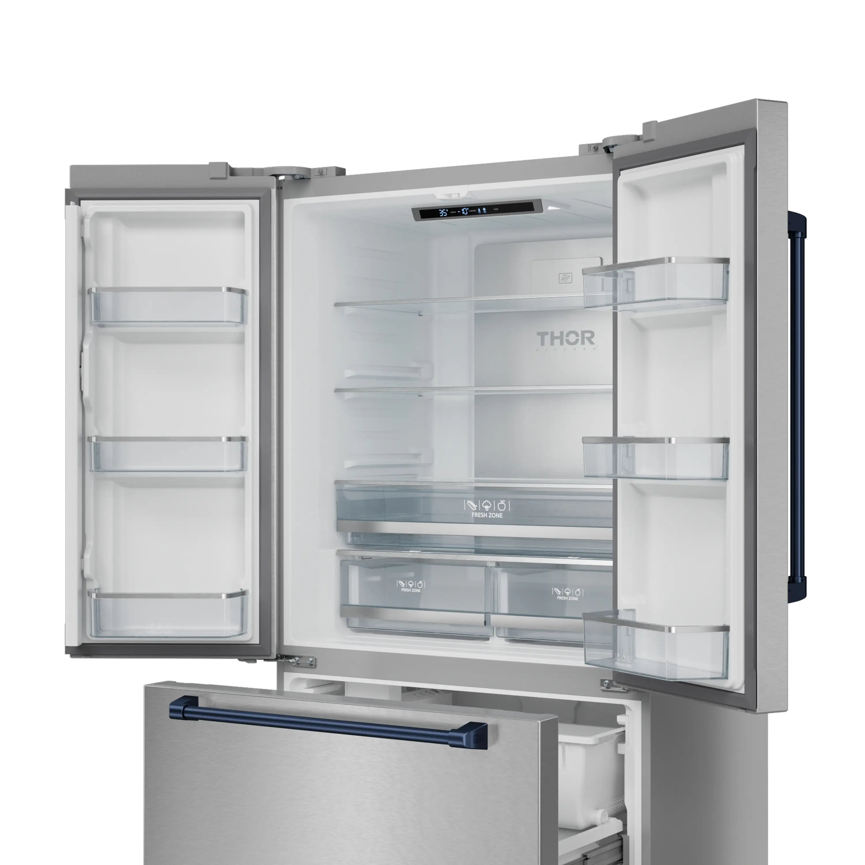 Stainless steel refrigerator with open doors and freezer drawer handle detail