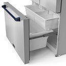 Refrigerator freezer drawer with pull-out bins and navy handle on stainless exterior