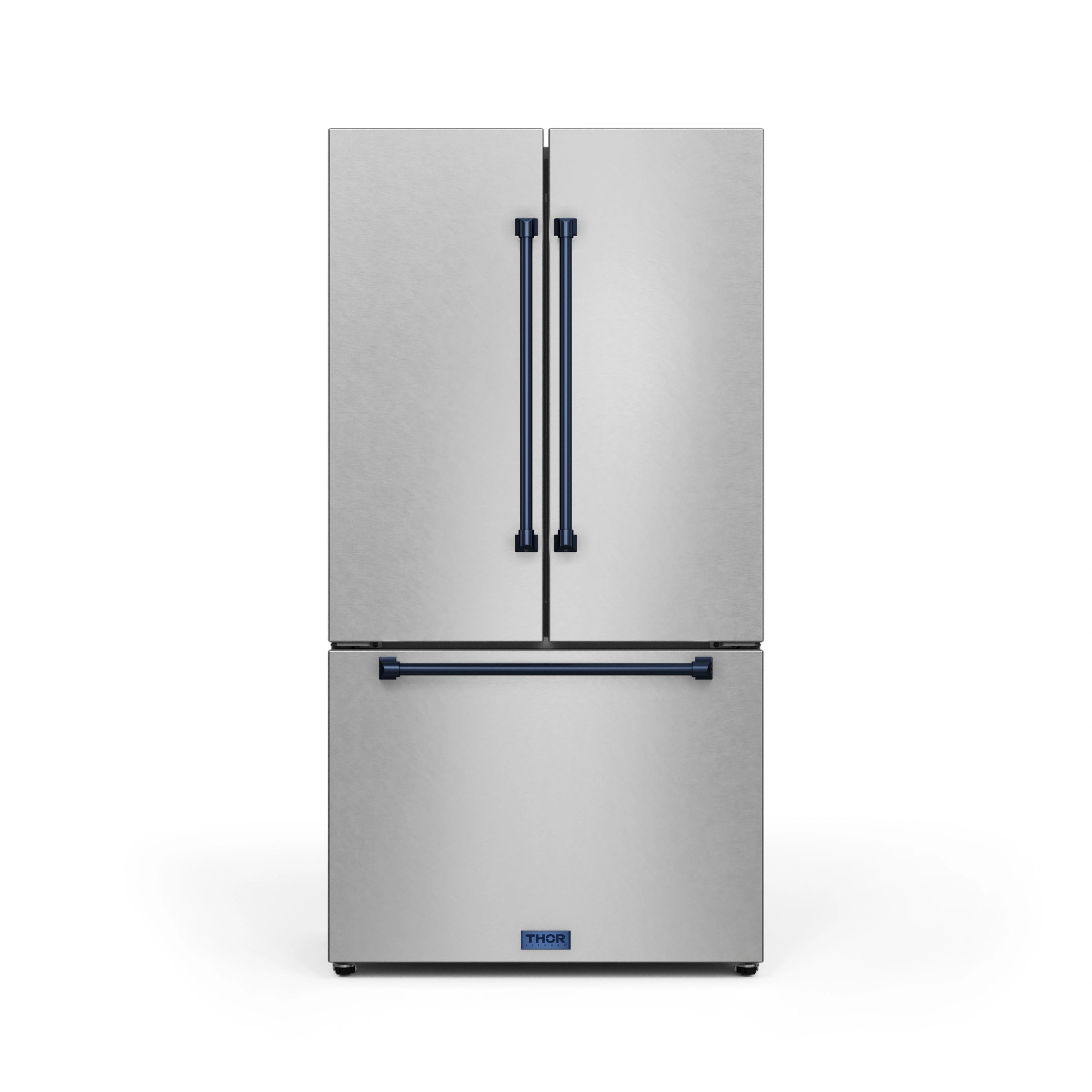 Stainless French door refrigerator with navy vertical handles and horizontal pull