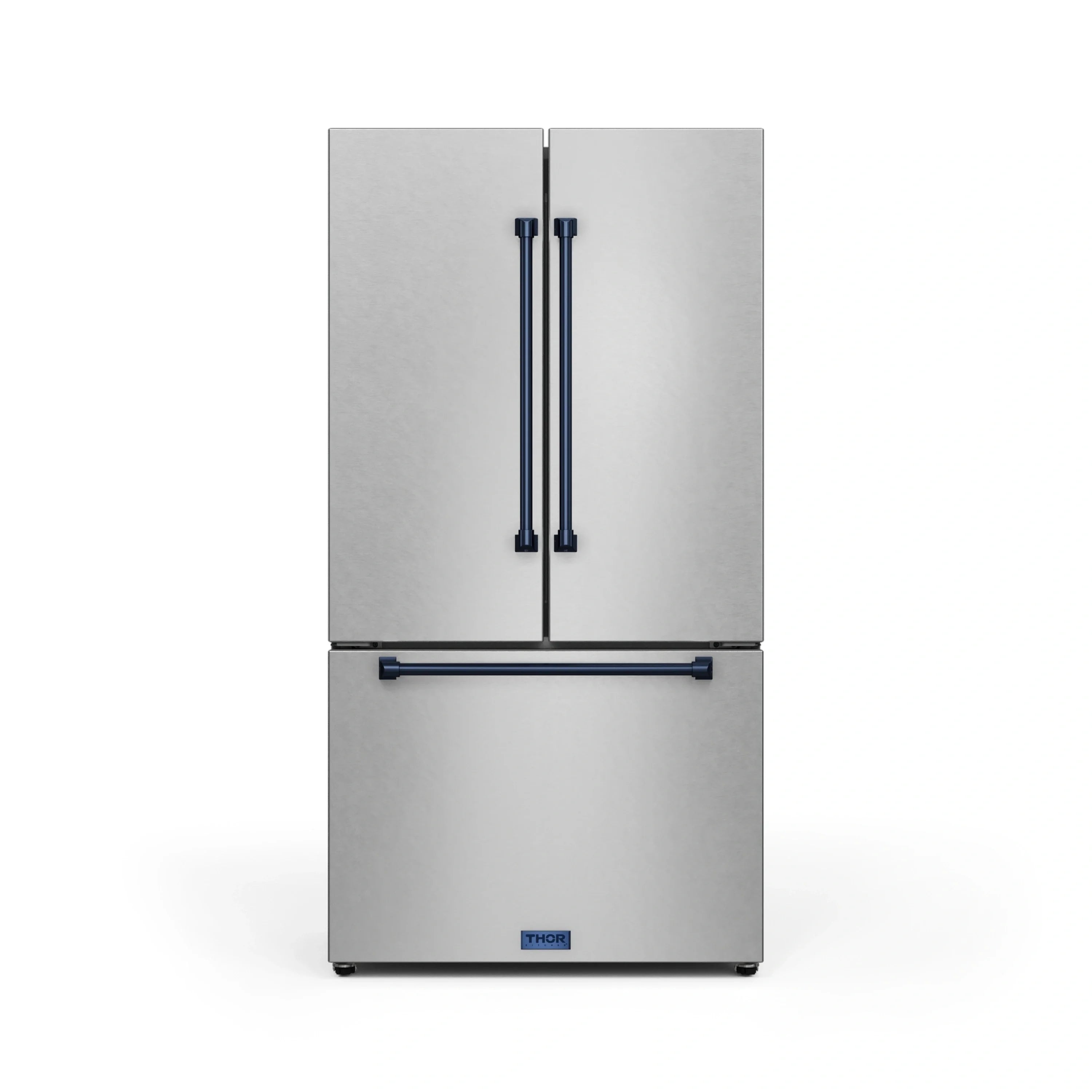 Stainless steel refrigerator with blue vertical handles and horizontal blue freezer handle
