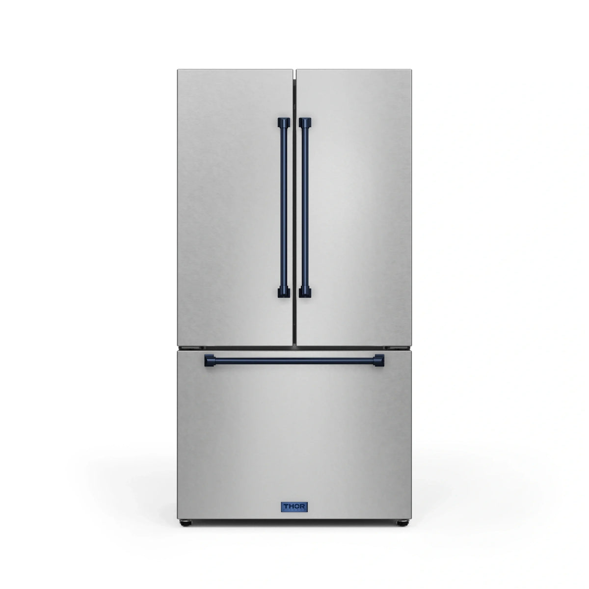 Stainless steel 2-door refrigerator with dark blue trim handle and centered logo