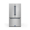 Stainless French door refrigerator with navy vertical handles and horizontal pull