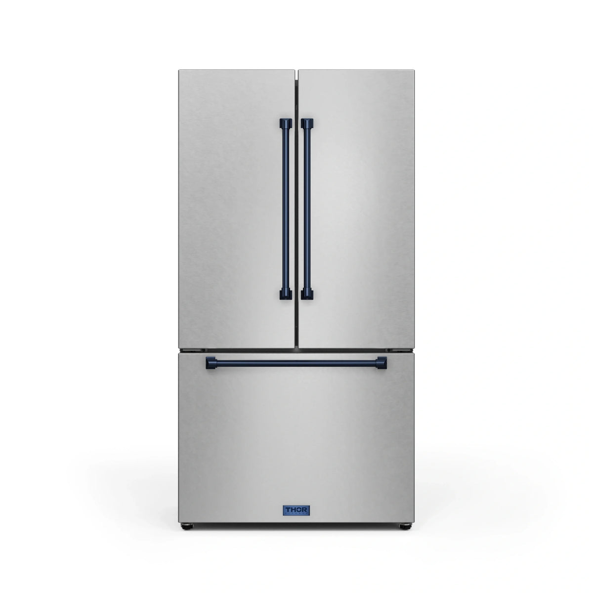 Stainless steel refrigerator with blue handles and double-door design
