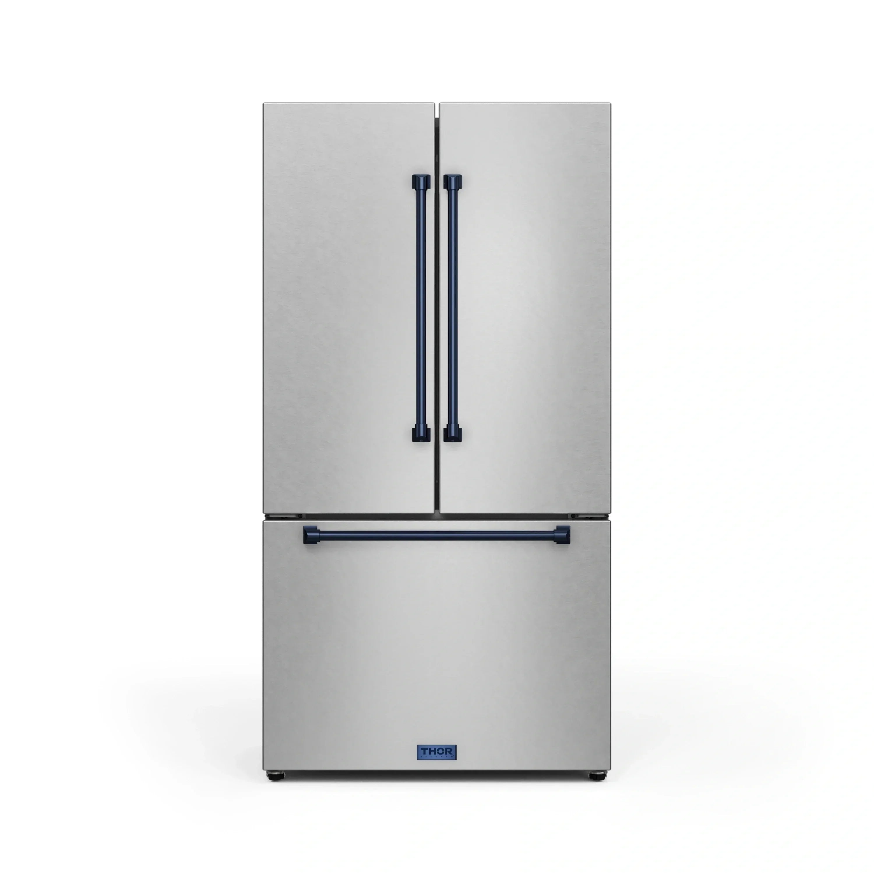 Stainless two-door refrigerator with blue handles and THOR logo