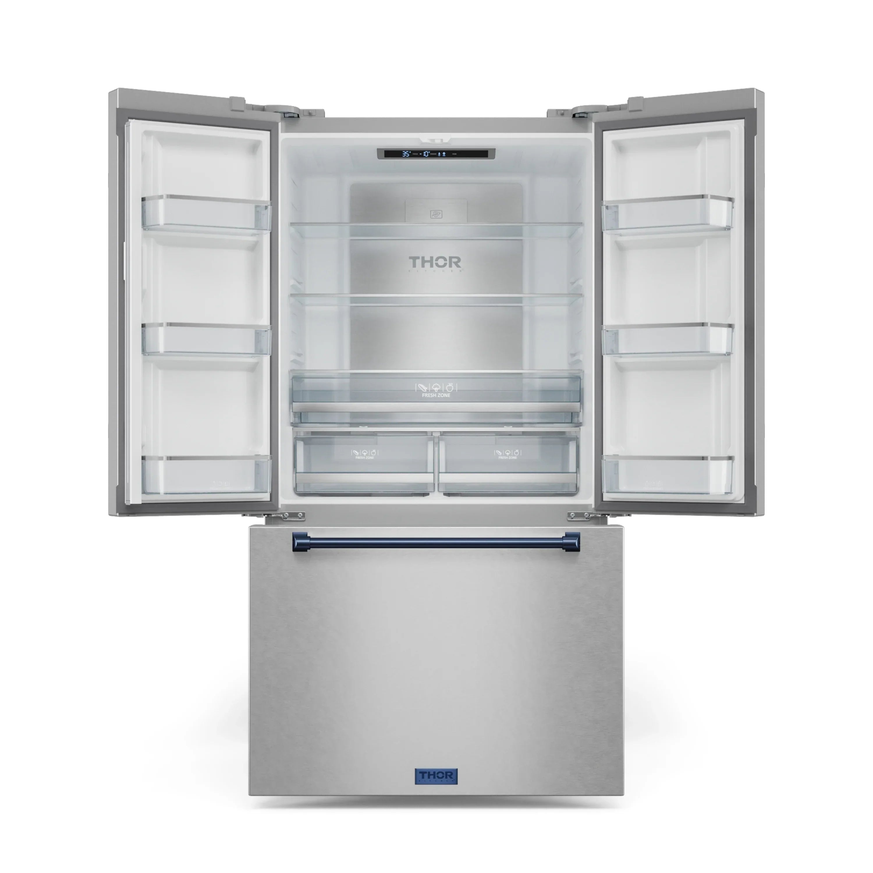 Open French door refrigerator with glass shelves, drawers, and blue accent handle