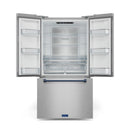 Open French door refrigerator with interior shelves and freezer drawer below