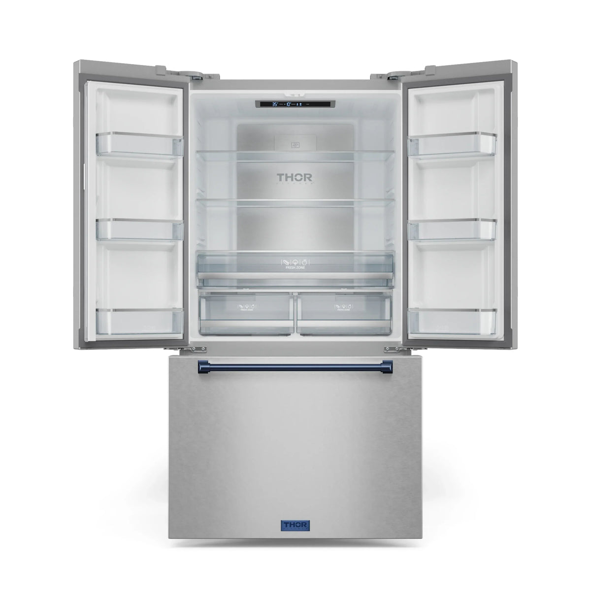Stainless steel refrigerator with doors open showing glass shelves and crisper drawers