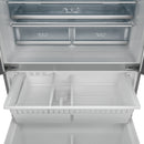 Freezer compartment interior with slide bins and ice-zone area at top