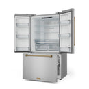 Counter-depth French door refrigerator with open freezer and stainless interior