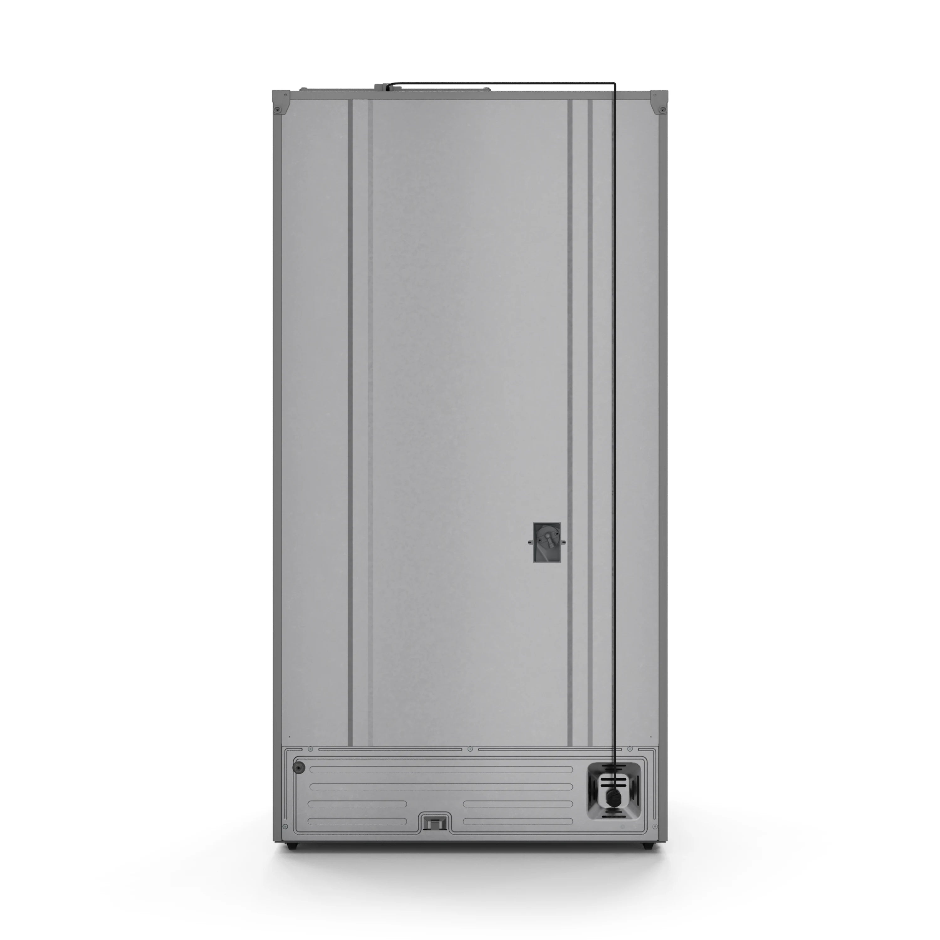 Counter-depth refrigerator door with stainless finish and black handle details