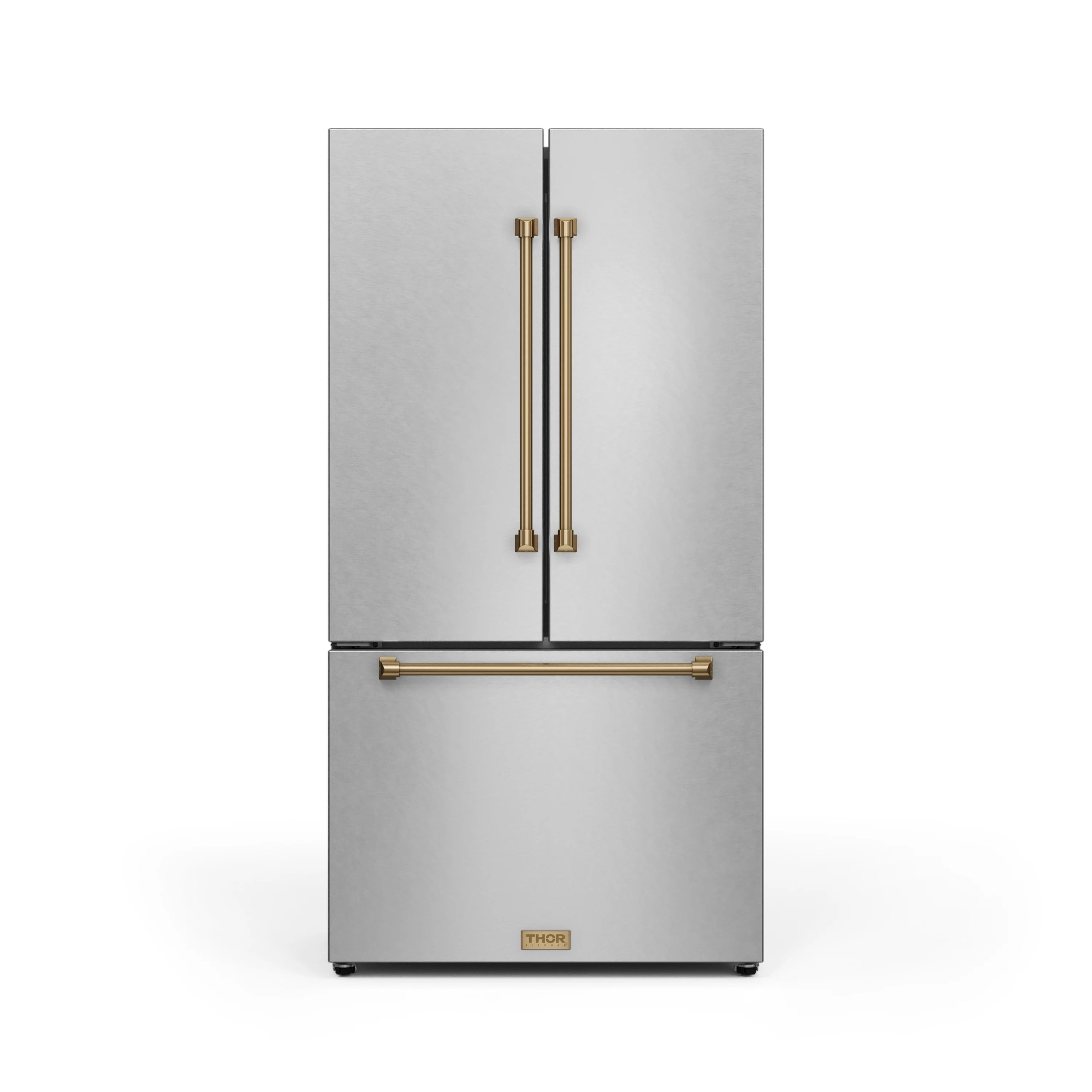 Stainless French door refrigerator with two doors and bronze vertical handles