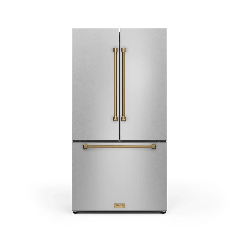 Gordon Ramsay by Thor Kitchen 3-Piece Appliance Package - 48-Inch Propane Gas Range, Double Oven, 36-Inch Refrigerator, and Dishwasher in Stainless Steel with Bronze Trim