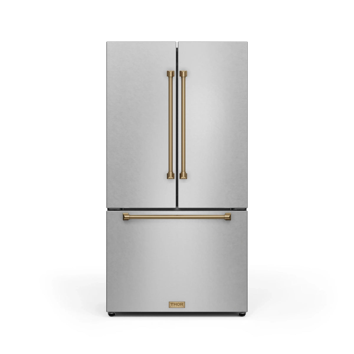 Counter-depth stainless refrigerator with bronze bar handles and central seam