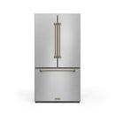 Gordon Ramsay by Thor Kitchen 4-Piece Appliance Package -  48-Inch Natural Gas Range, Wall Mount Range Hood, 36-Inch French Door Refrigerator, and Dishwasher in Stainless Steel with Bronze Trim