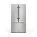 Gordon Ramsay by Thor Kitchen 4-Piece Appliance Package -  48-Inch Propane Gas Range, Wall Mount Range Hood, 36-Inch French Door Refrigerator, and Dishwasher in Stainless Steel with Bronze Trim