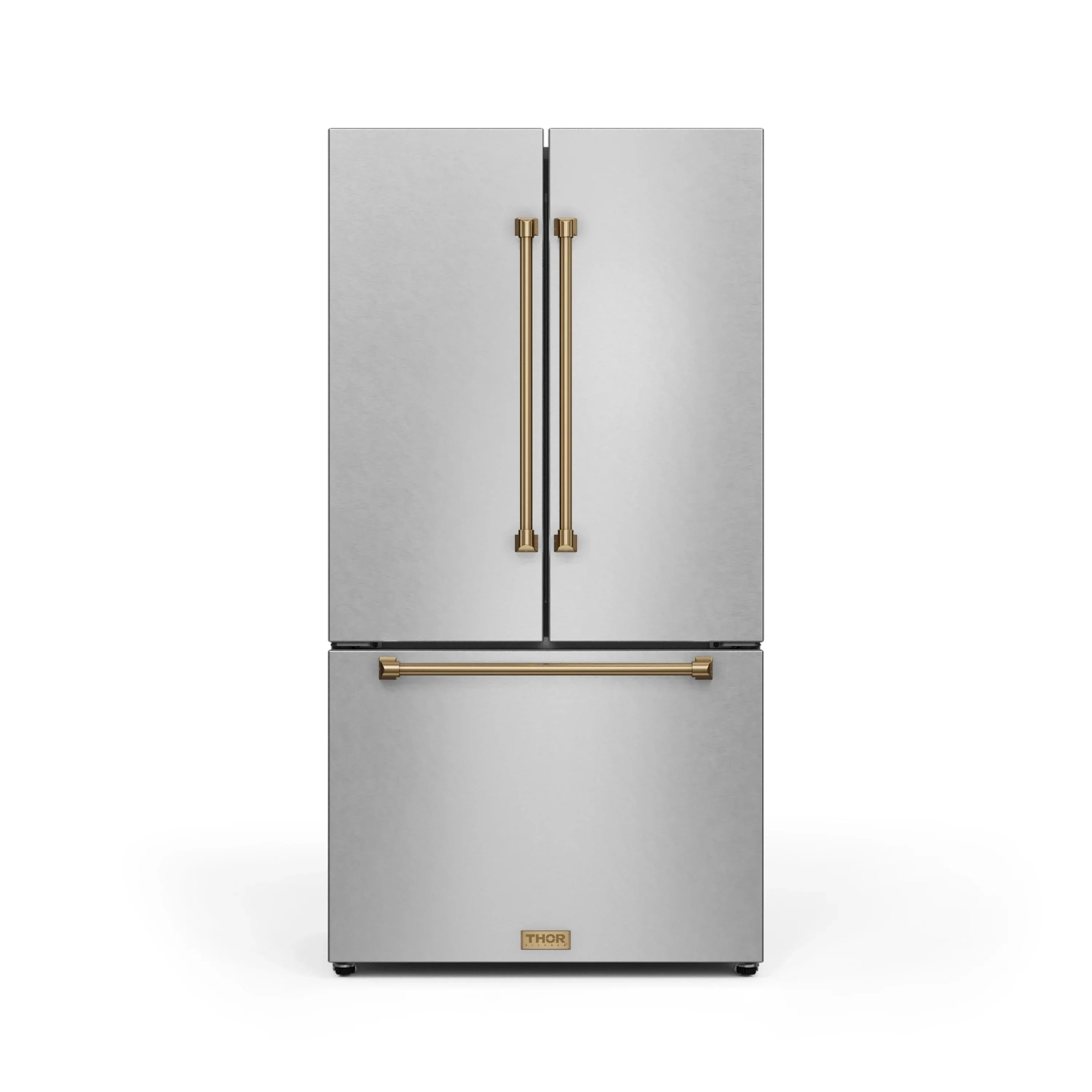 Stainless double-door refrigerator with tall vertical gold handles