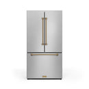 Stainless French door refrigerator with two doors and bronze vertical handles