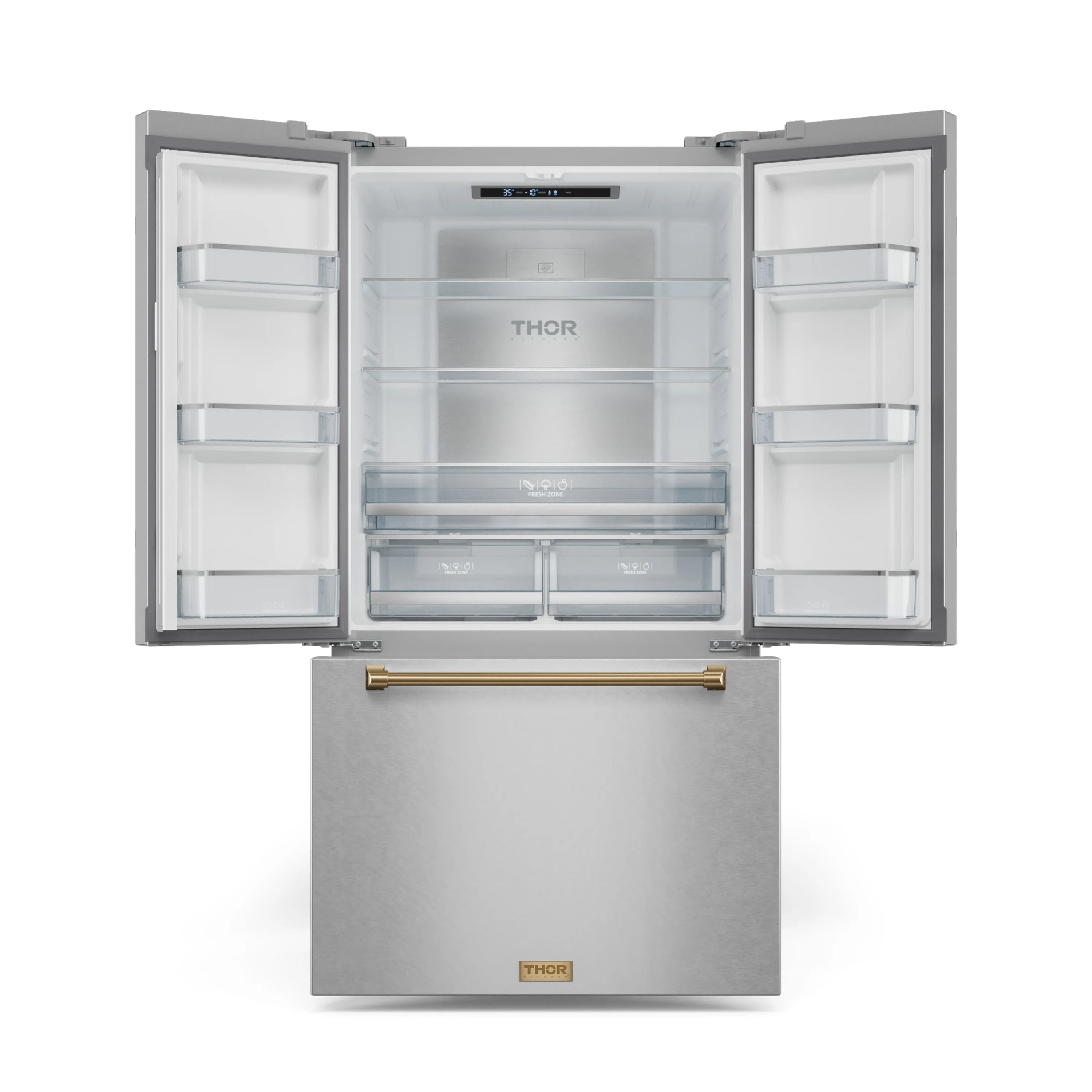 Stainless steel French door refrigerator with bronze handle, open interior shelves