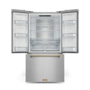 Stainless steel French door refrigerator with bronze handle, open interior shelves