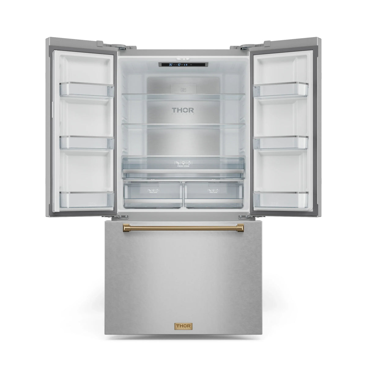 Stainless refrigerator with open doors, glass shelves, and bronze bottom handle