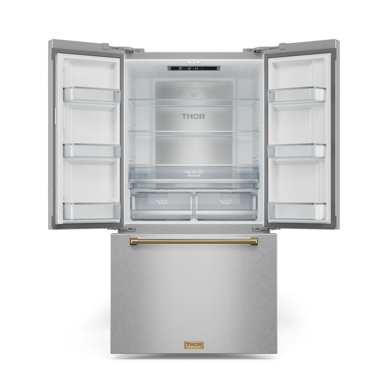 Gordon Ramsay by Thor Kitchen 3-Piece Appliance Package - 48-Inch Propane Gas Range, Double Oven, 36-Inch Refrigerator, and Dishwasher in Stainless Steel with Bronze Trim