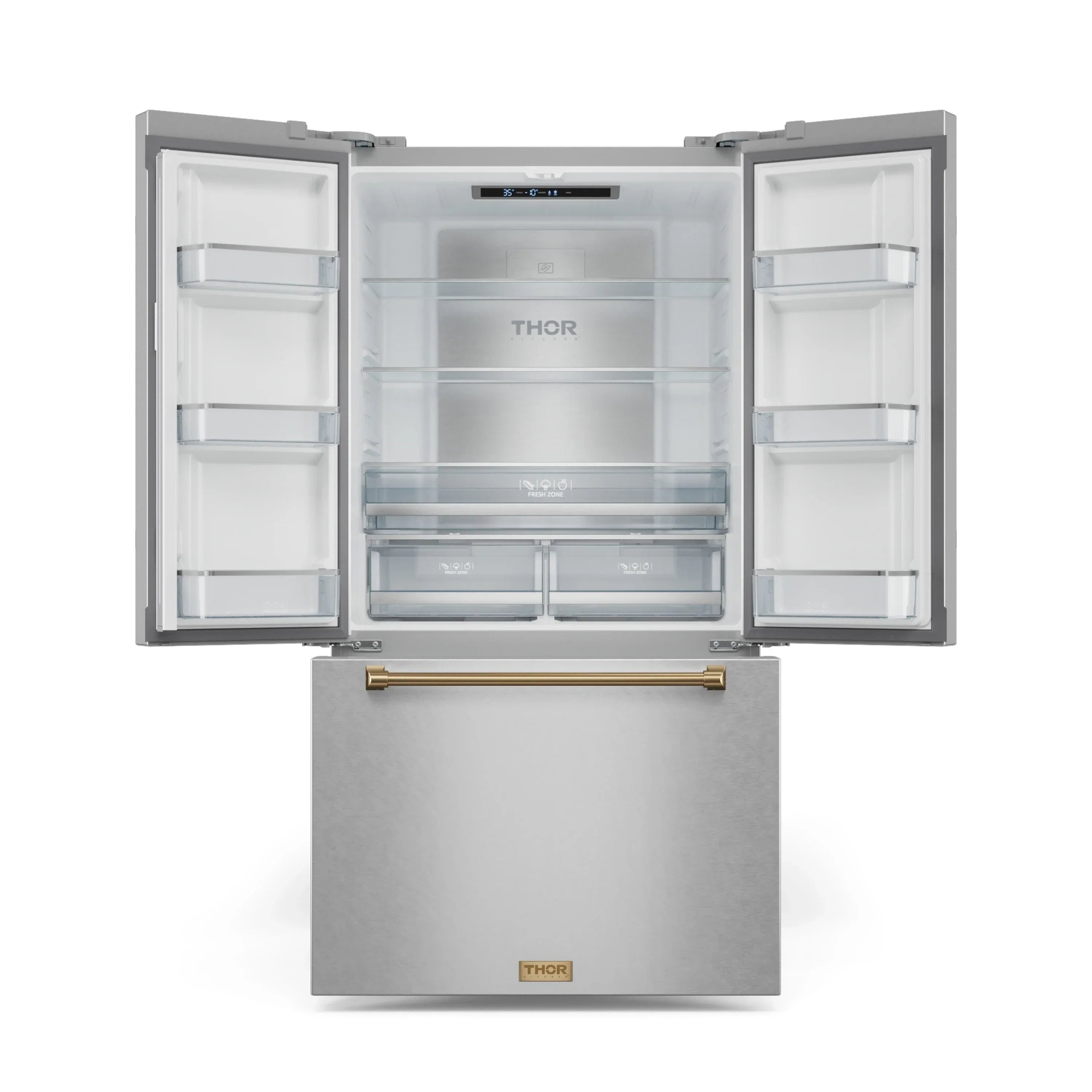 Stainless refrigerator with open doors, glass shelves, and gold pull handle