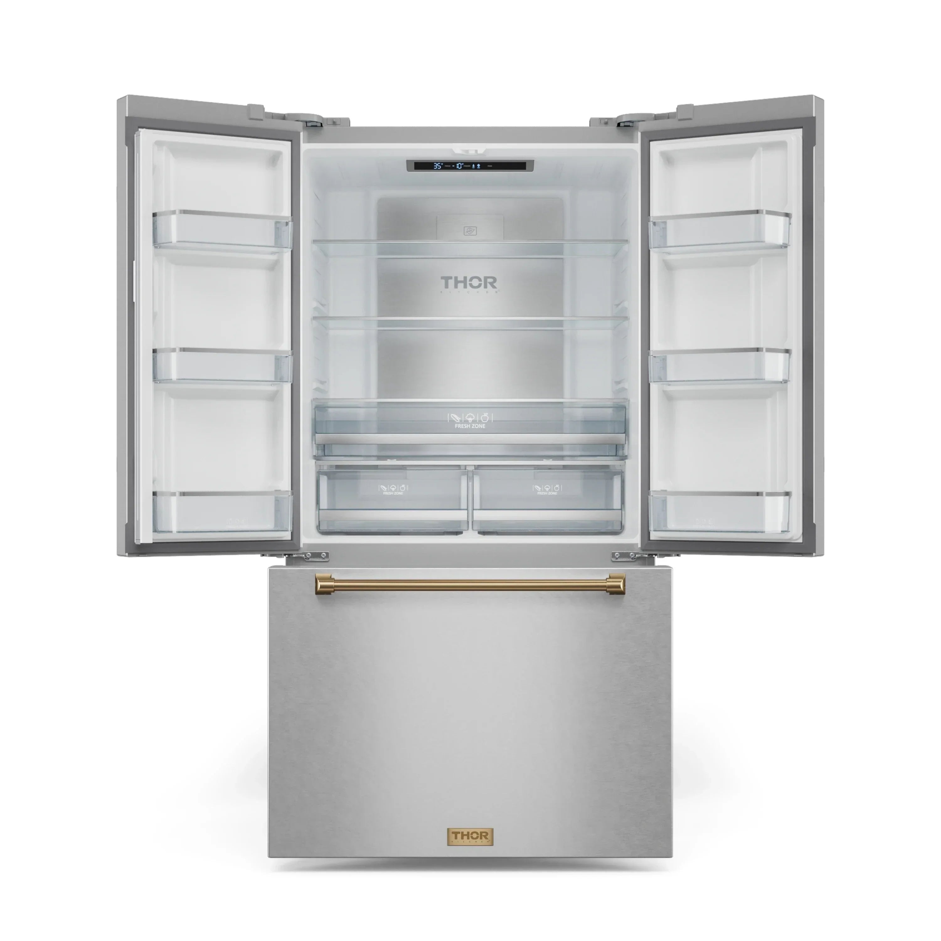 Stainless refrigerator with open doors showing shelves, bins, and drawers