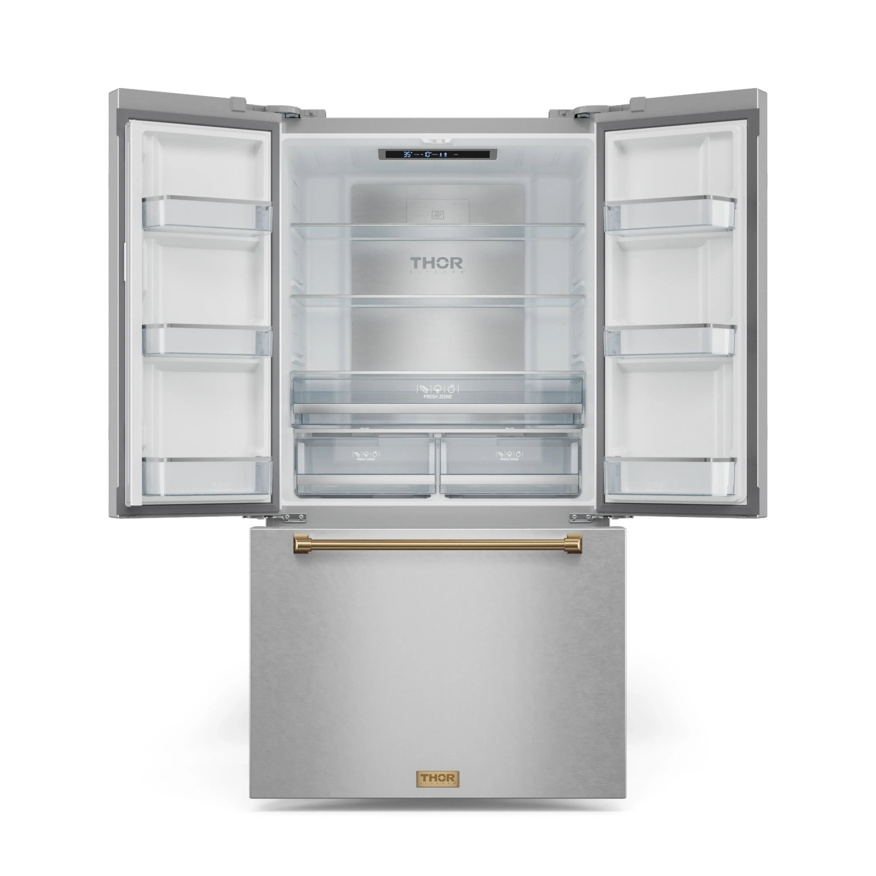 Stainless refrigerator with both doors open, showing glass shelves and interior bins