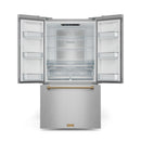 Gordon Ramsay by Thor Kitchen 4-Piece Appliance Package -  48-Inch Natural Gas Range, Wall Mount Range Hood, 36-Inch French Door Refrigerator, and Dishwasher in Stainless Steel with Bronze Trim