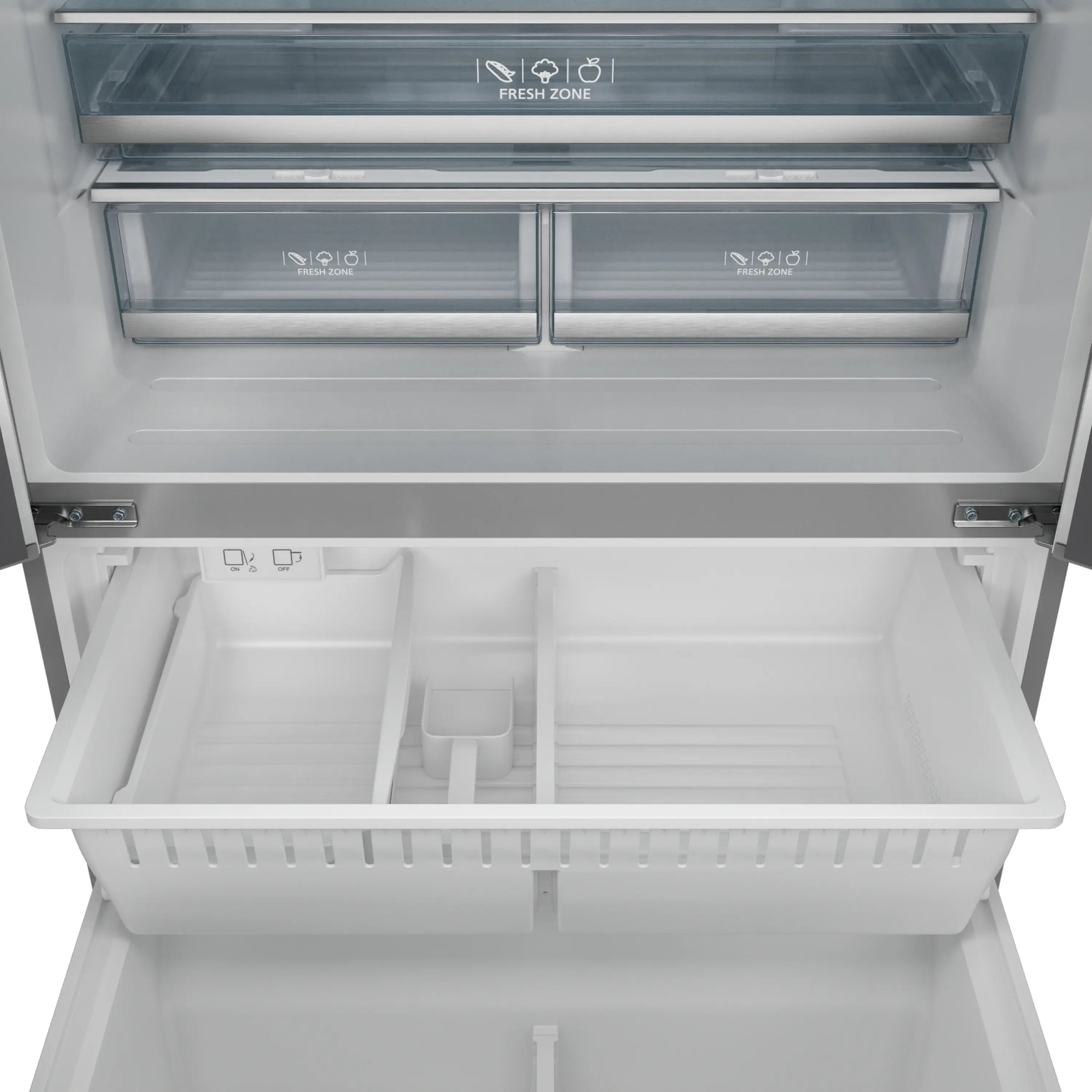 Open refrigerator fresh food section with glass shelves and white drawer bins
