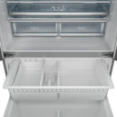 Open refrigerator fresh food section with glass shelves and white drawer bins